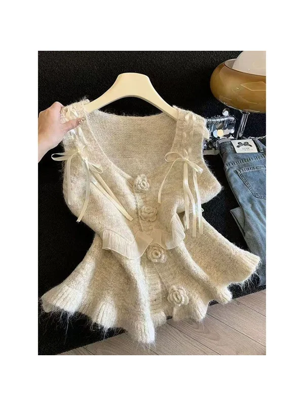 Sweet Style Sleeveless Knitted Cardigan Women's Spring Autumn Drawstring Belted Vest Short Sweater Cleanfit Floral 
