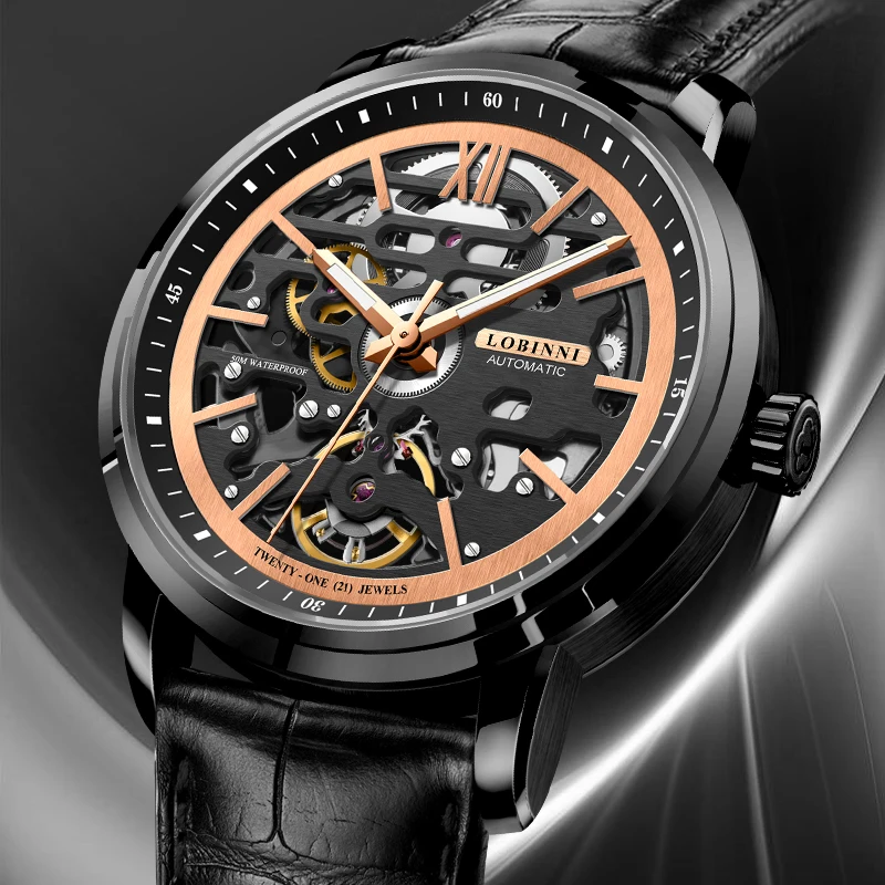 LOBINNI 42mm quadrante scheletrato orologio automatico da uomo cinturino in pelle di marca di lusso orologio da polso a carica automatica da uomo