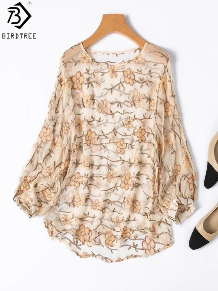 

Birdtree 100% Mulberry Silk Embroidery Shirt,Women Sun-Protective Semi Perspective Lantern Sleeve O-neck Blouse,2025 NewT58101JF