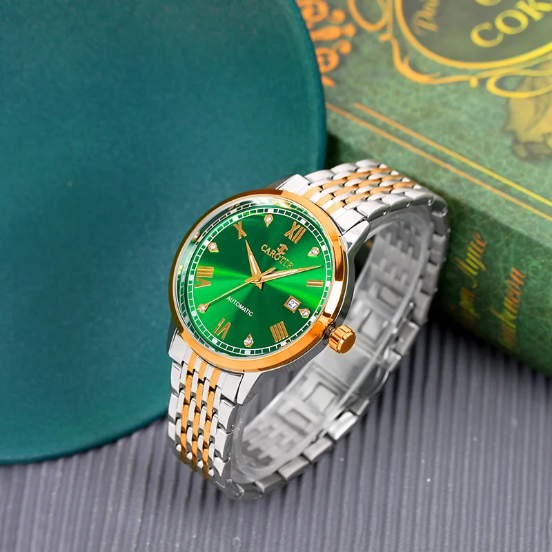 

Мужские двухцветные зеленые стальные ремешки, повседневные стильные часы с римскими цифрами, полностью автоматические механические часы