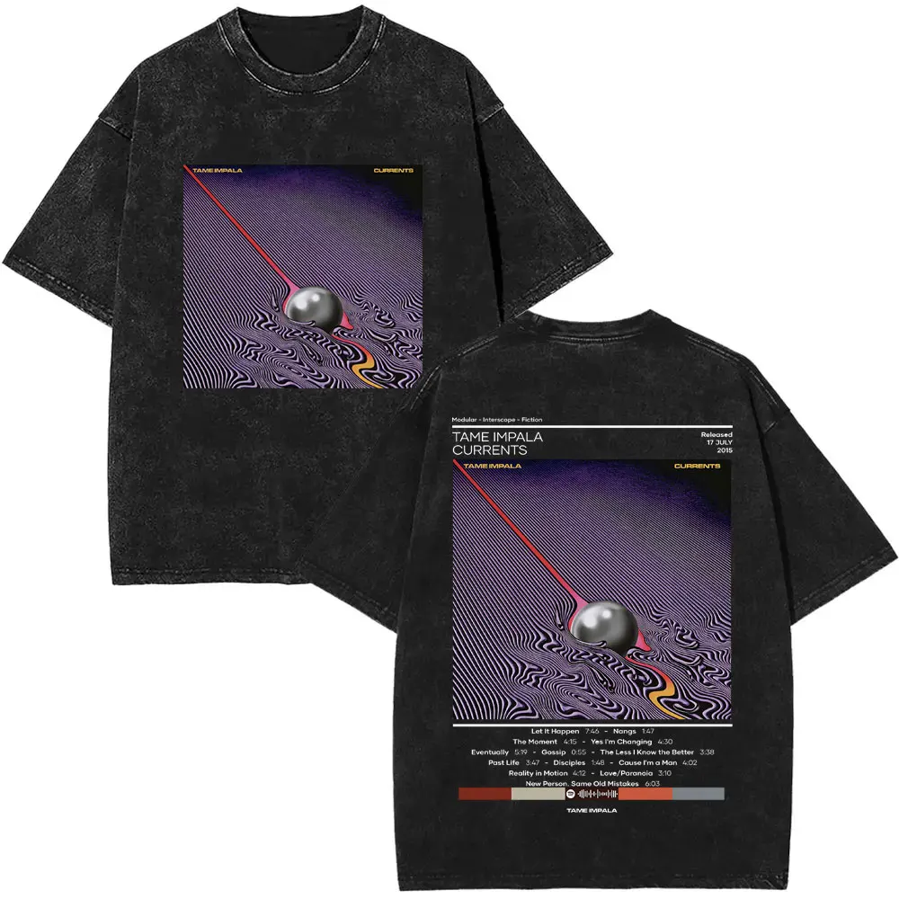 VintageWashed  Pop Rock Band Tame Impala Currents Graphic Print T Shirts Men Women Casual Cotton Oversized Short Sleeve T-shirt