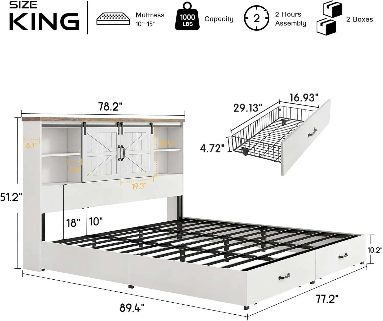 King Size Wood Platform Bed Frame with 51.2