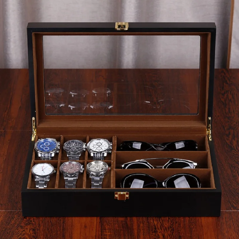 WellZone Hot Sale Household PU/Wooden Multiple 6+3 Watch/Sunglasses/Glasses/Jewelry/Ear Stud/Ring Storage Box For Gift