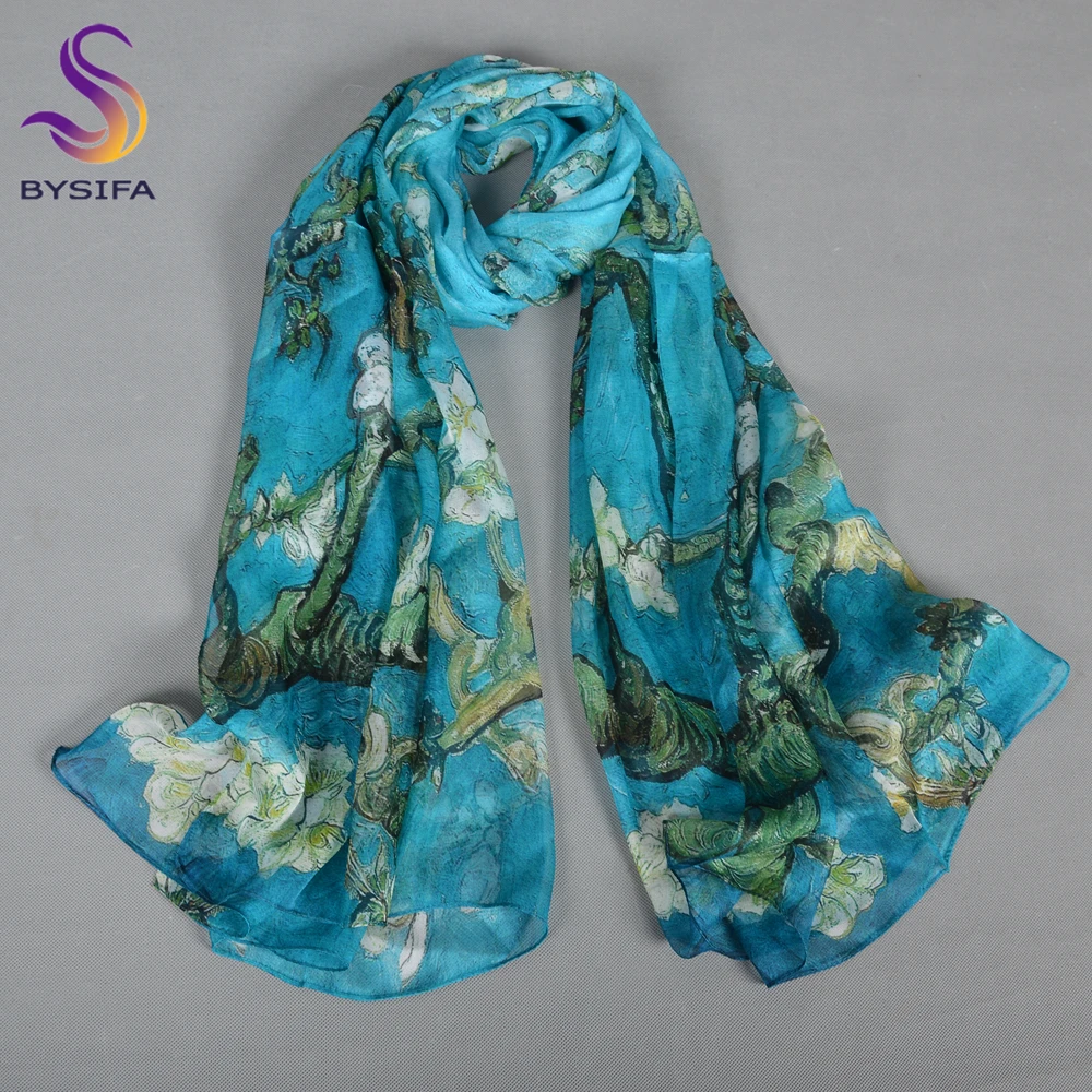 [BYSIFA] Spring Autumn New Lake Blue Women 100% Silk Scarf Summer Floral Chiffon Long Scarves Beach Shawl 180*110cm Echarpes