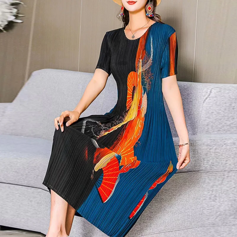 

2023 Summer New Style Silk Printed Dress Women's Fashion Short Sleeves Round Neck Waist Shrinking Holiday Party Vestidos