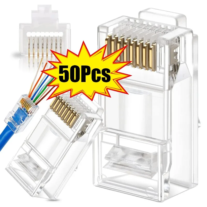 RJ45 Cat5e Cat6 Connectors Gold Plated 8P8C Pass Through Ends UTP Network Plug Transparent Ethernet Cable Crimp Modular Plugs