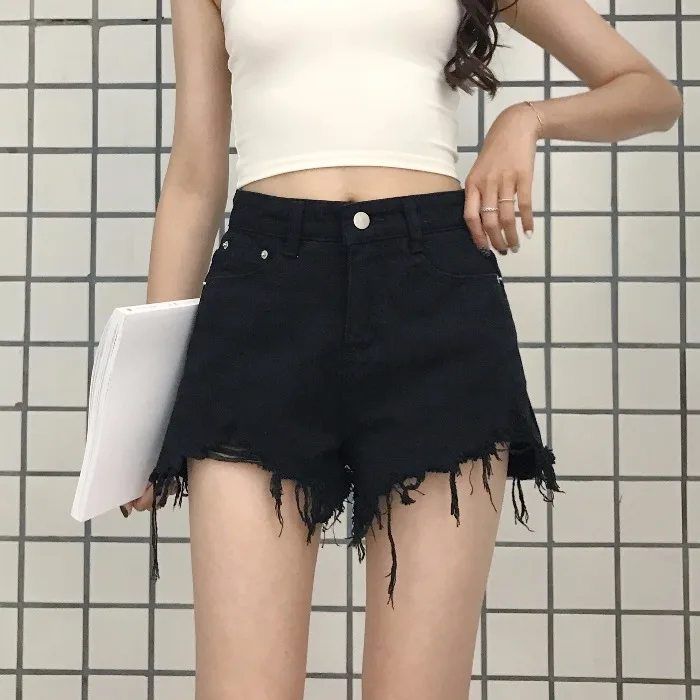 High Waist Wide Leg Denim Shorts Women's Autumn Winter plus Size Flattering Loose Fit Cuffed Hem Hot Pants Summer Black