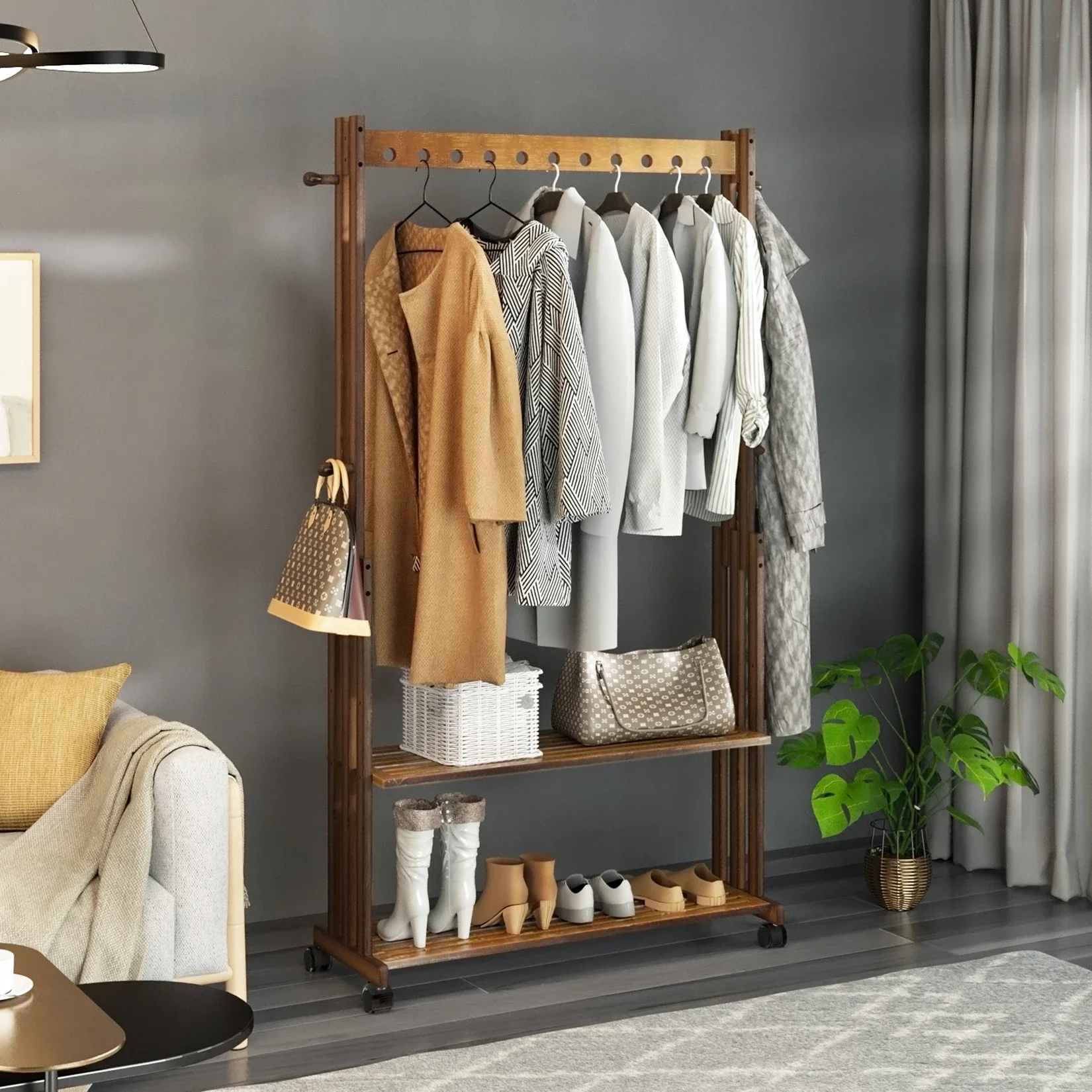 Bamboo Clothes Rack Stand Clothing Hanging Rail Garment Rack Rolling Coat Stand Shoe Storage Shelf with Wheels