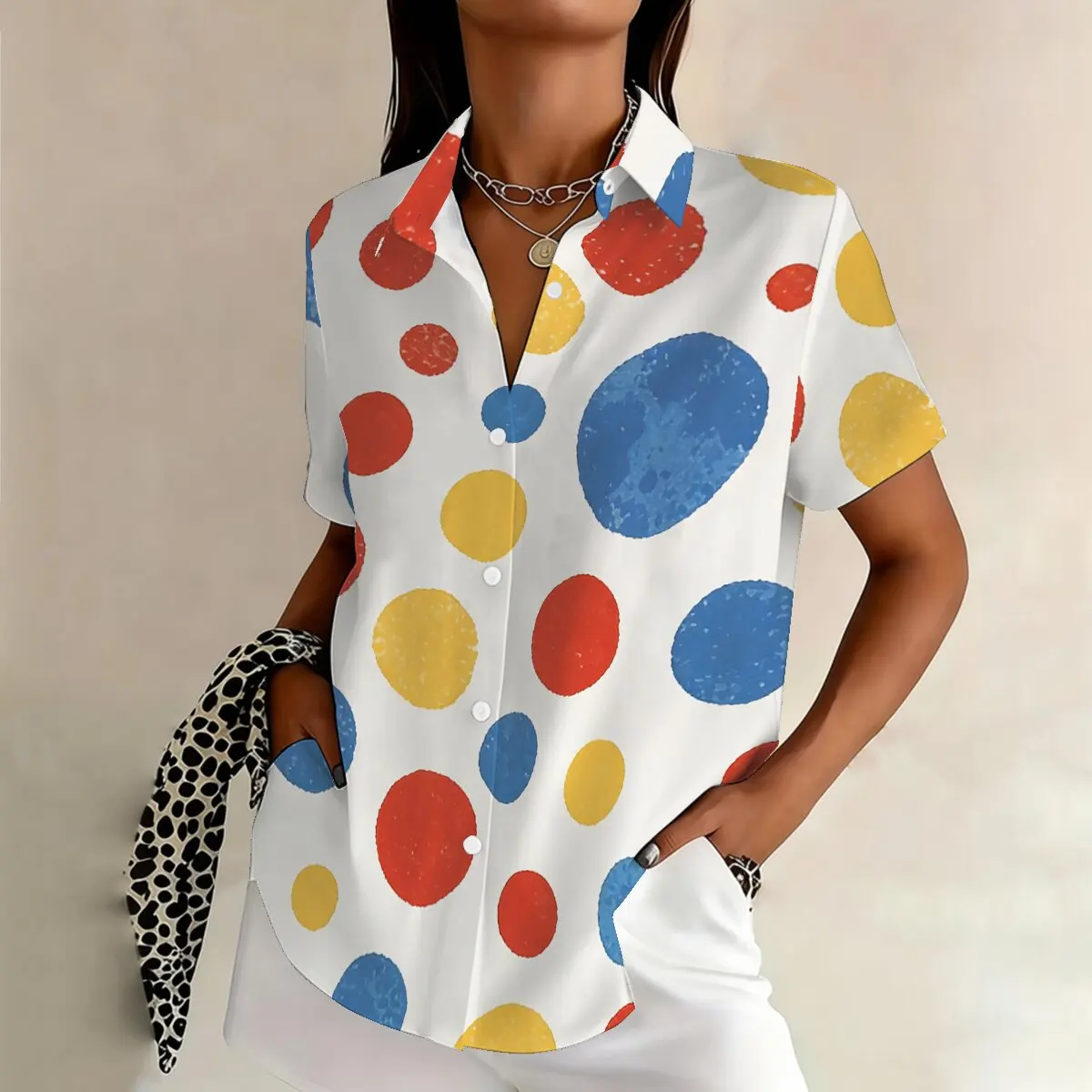 

Summer women's plus-size short-sleeve shirt, vintage washed polka dots,playful and casual,suitable for daily outings and stylish