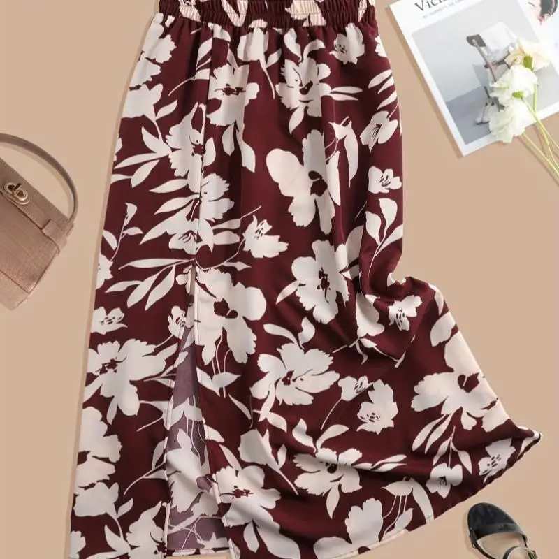 

Ele Bla, белая женская юбка с высоким разрезом и цветочным принтом, миди, прямой крой, летучая мышь, Лев, ткань из ПВХ, подходит для Ciwalk