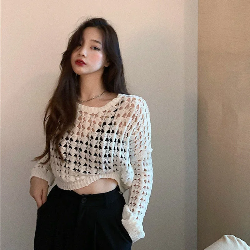 Women's Hollow White black Knit Sweater Short Korean fashion sexy Loose Long Sleeved Fishing Net Tops Womens For Women