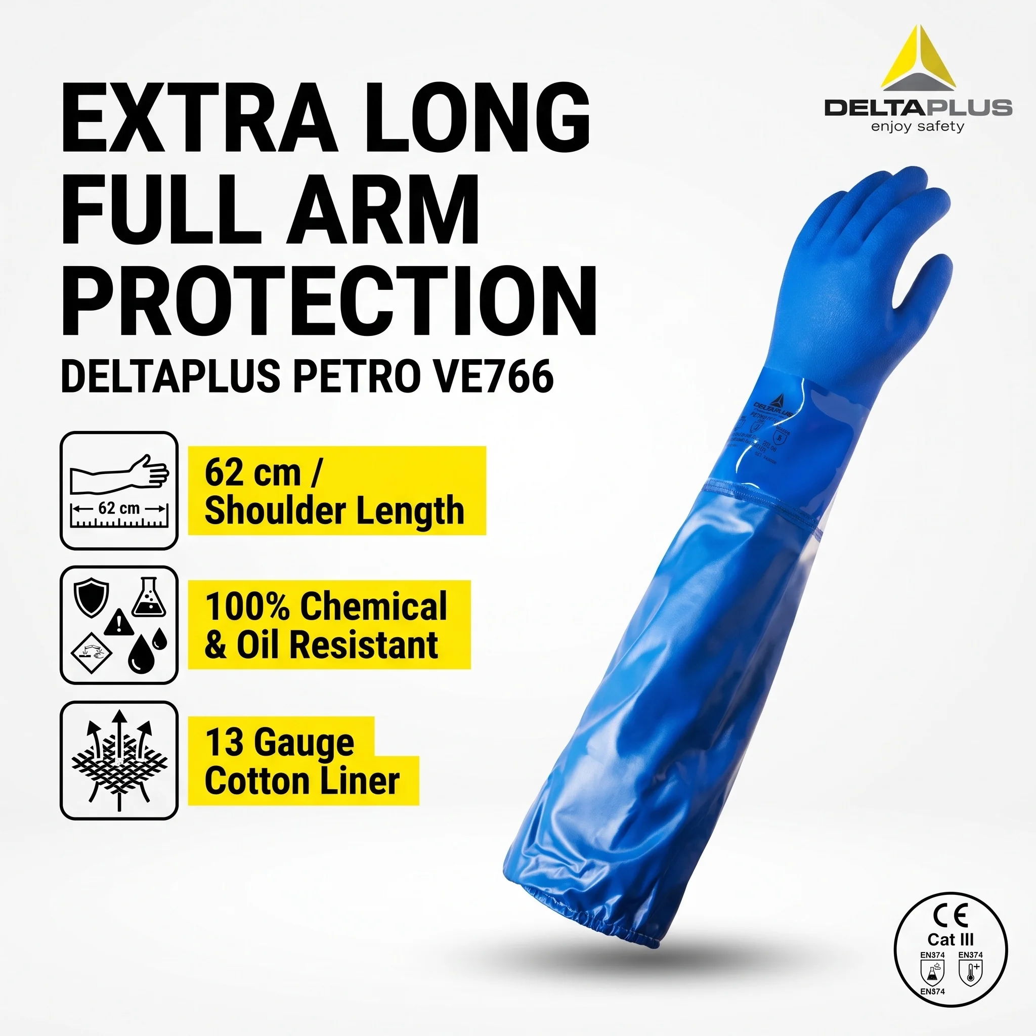 Deltaplus 201766 VE766 Chemical Resistant Gloves Heavy Duty PVC Coated Work Gloves Waterproof Safety Equipment Long Rubber