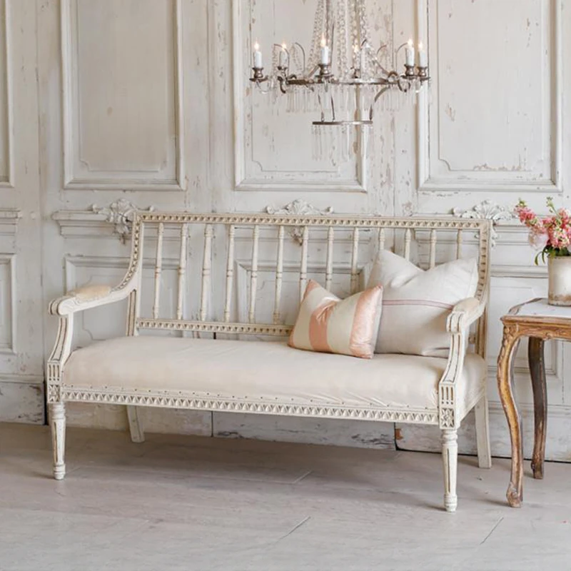 Vintage distressed white solid wood double fabric armchair