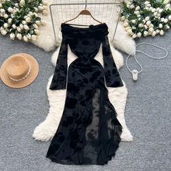 Elegant Long Sleeves Sexy Slash Neck Chic Pleated Flocking Mesh Split Ruffle Slim Long Dress Evening High Street Autumn Clothing