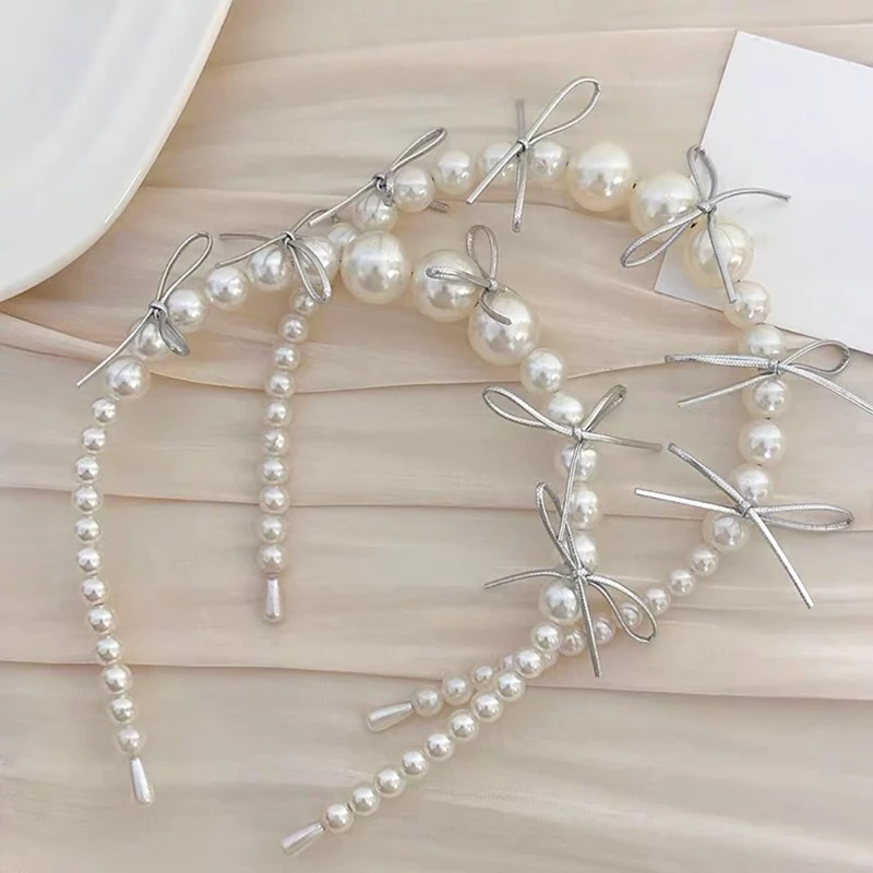 Pearls Bowknot Headband for Bridal Shower Bachelorette Hairband Music Festival Headband Elegant Vacation Party Hairhoop