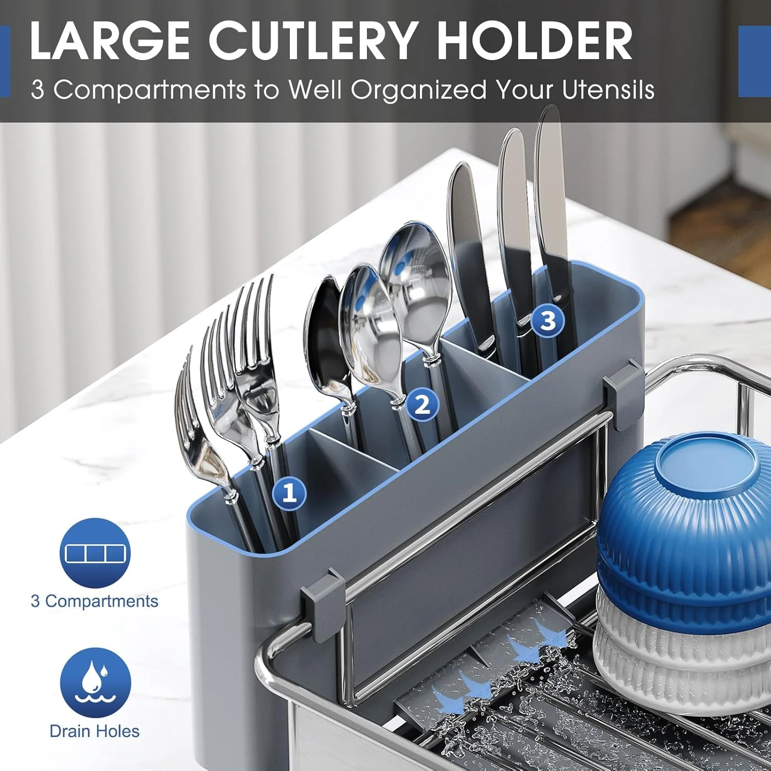 Stainless Steel Dish Drying Rack - Large Capacity Kitchen Counter Organizer with Drain Board, Utensil Holder & Detachable Cup Shelf, 304 Surgical-Grade Rust-Proof Dish Drainer, Easy Assembly view 5