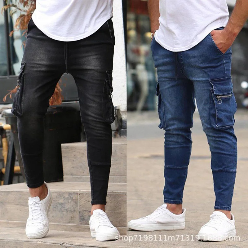 Mens Stretchy Skinny Ripped Jeans Men Side Pocket Washed Slim Denim Pants Biker Jeans Fashion Sweatpants Hip Hop Trousers Jogger