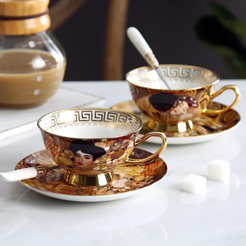 

Coffee Cup Set Gustav Klimt Bone China Ceramic Tea set Klimt Kiss Luxury Gifts Porcelain Drinkware Tea cups with Spoon