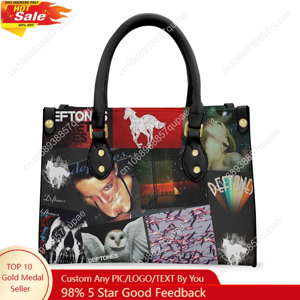 

Deftones Metal Rock Band Tote Bag Purse Womens Mens Personalized Text Image PU Leather Handbag Business Shopping Gift Bags