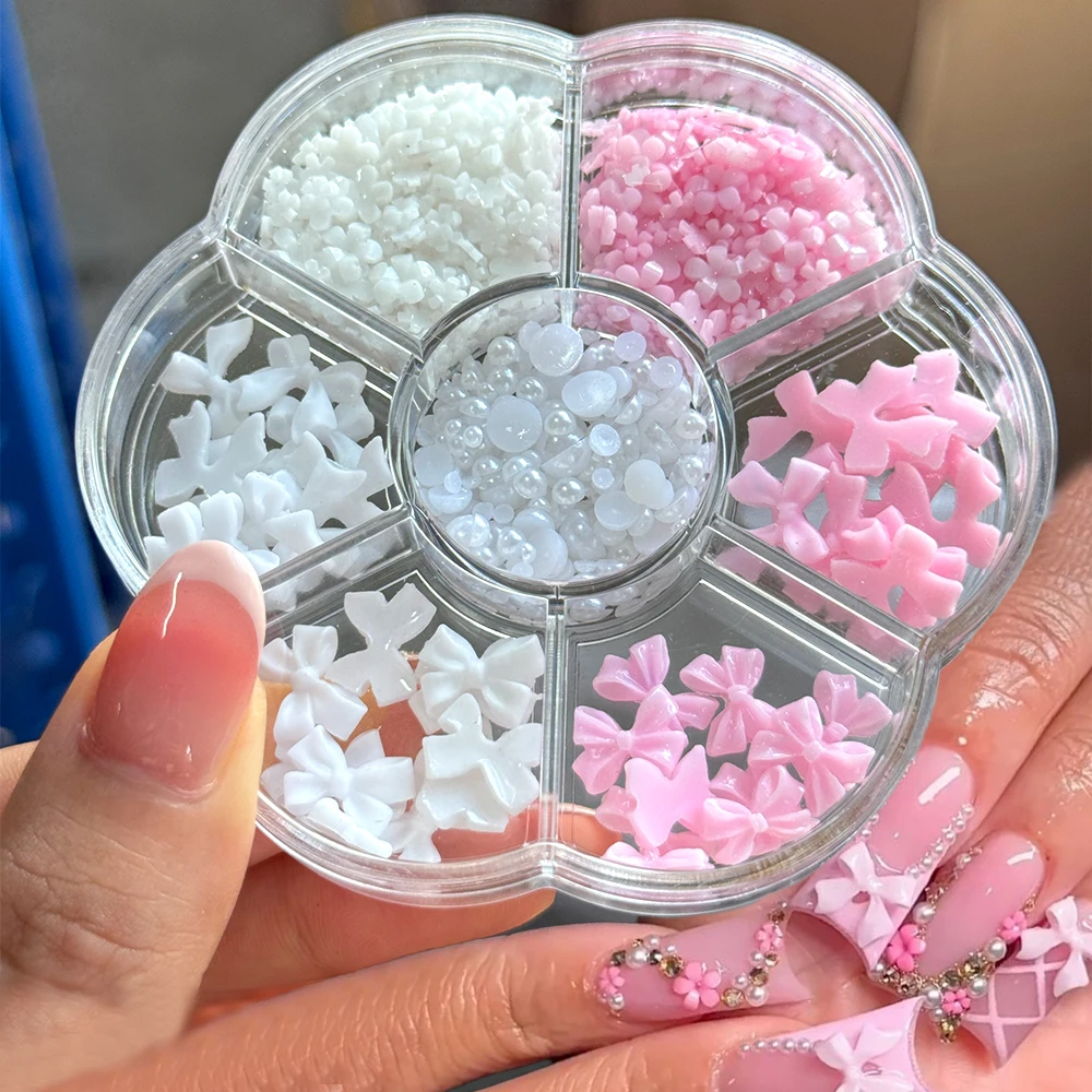 

7Grids Mixed Acrylic Bowknot 3D Nail Charms Flower, Pearl, Gold Beads Caviar, Bow Nail Art Decorations for DIY Crafts Nail Parts
