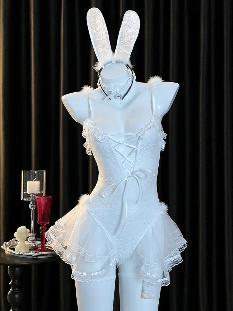 بدلة قفز للفتيات على شكل أرنب شفاف من الدانتيل، زي QQNY جذاب ومثير، ملابس داخلية مثيرة من قطعة واحدة مغرية للرغبة النقية