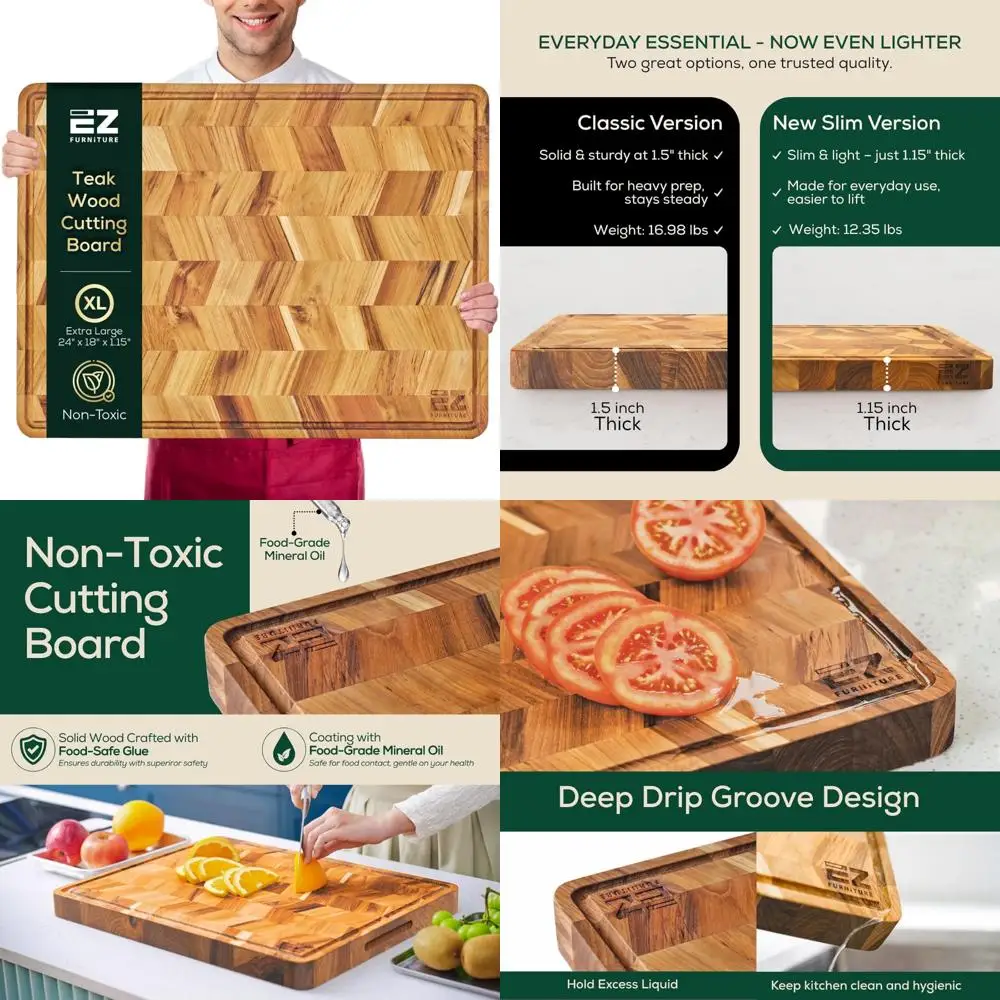 

Large Herringbone Teak Wood Cutting and Serving Board with Pre-Oiled Edge Grain, Juice Groove, and Handles, Ideal for Food Grade