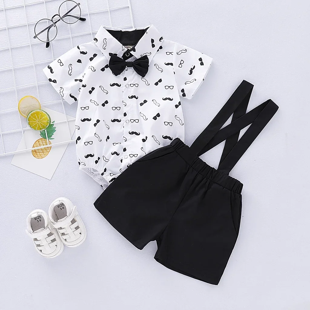 

0-24 Months Baby Boys Costumes Short Sleeve Bodysuit with Bow + Suspender Pants Wedding Parties Festivals Gentleman Clothing