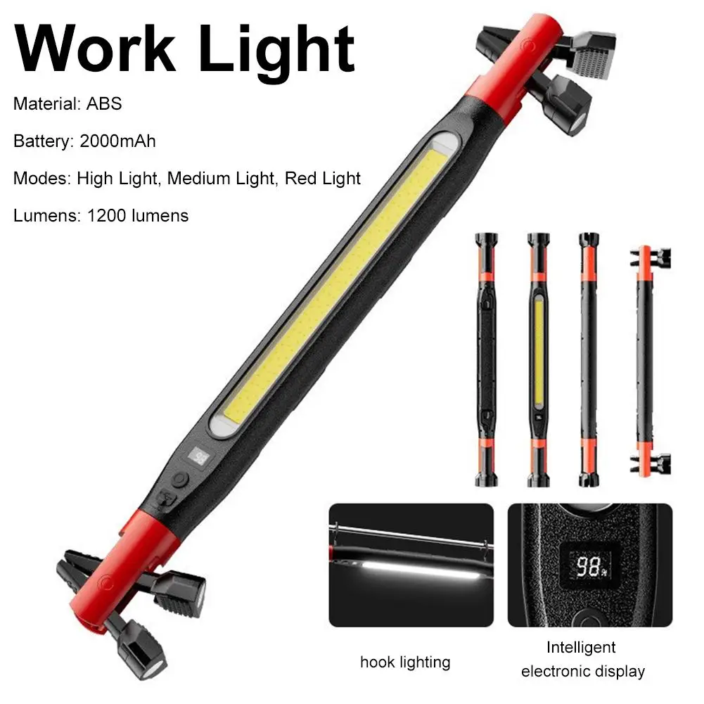 Rechargeable COB LED Work Light 360° Rotation Magnetic Hook Clip Inspection Lamp Car Repair Workshop Emergency Lighting Accessor