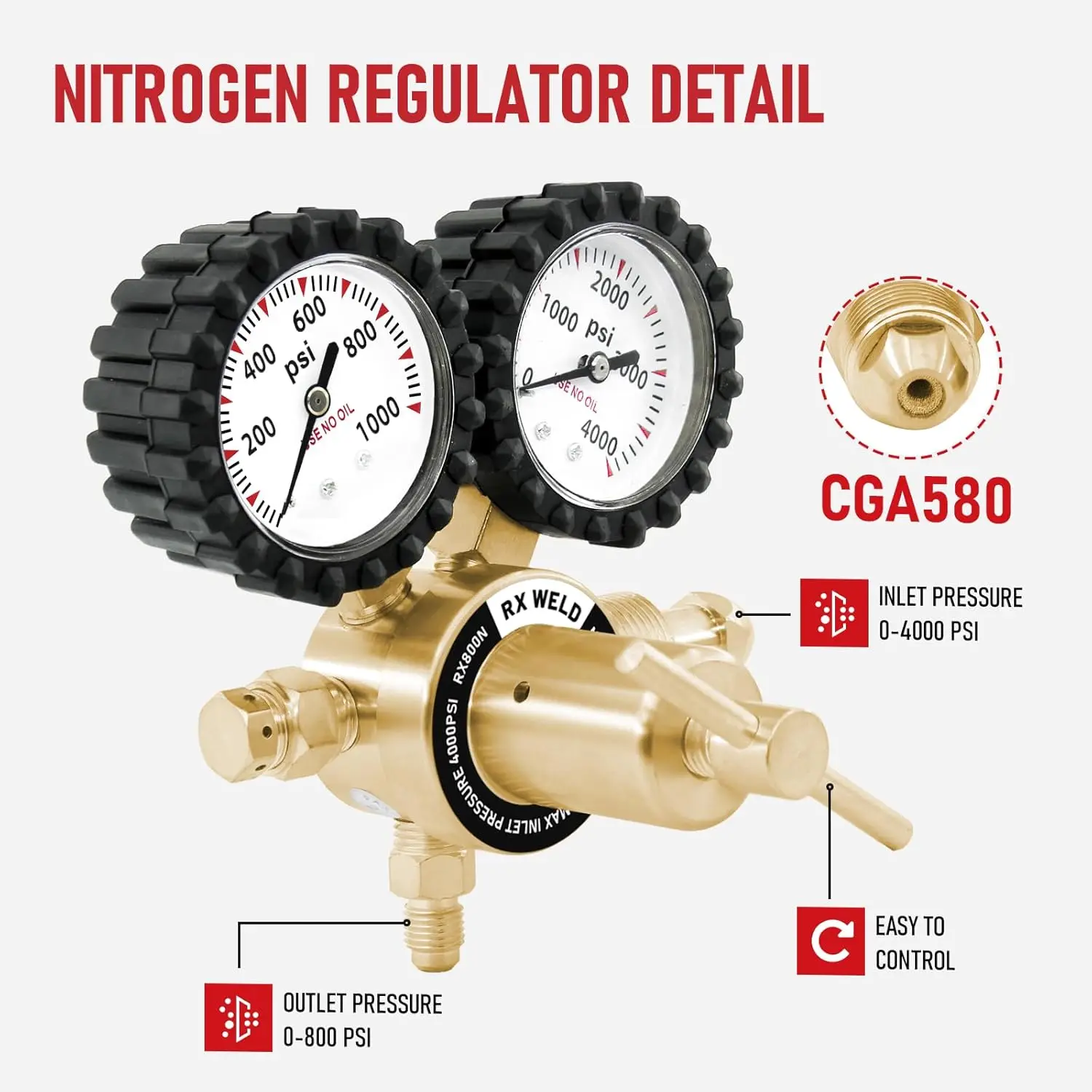 High-Pressure Nitrogen Regulator with CGA580 Inlet, Adjustable 0-800 PSI Output, Brass Fittings for HVAC and Refrigeration