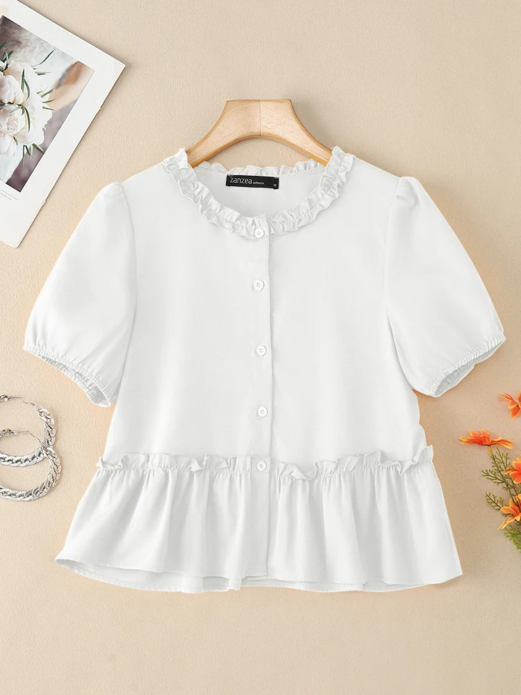 ZANZEA Elegant Ruffled Work Shirt 2025 Summer Blouse Women Short Sleeve Buttons Tops Casual Solid Holiday Shirts Mujer Oversize