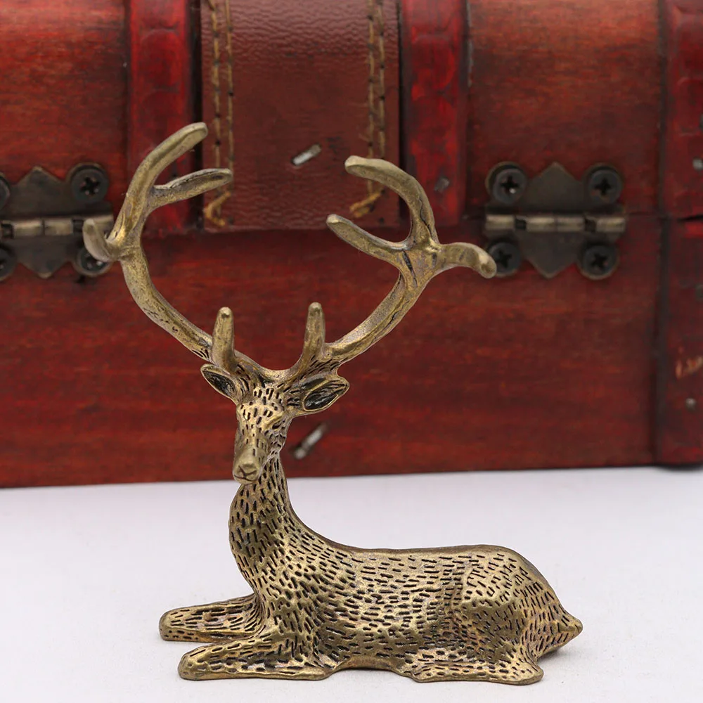 Solid Brass Long Horn Elk Small Statue Desktop Ornaments Vintage Animal Figurines Model Lucky Home Decoration Crafts Accessories