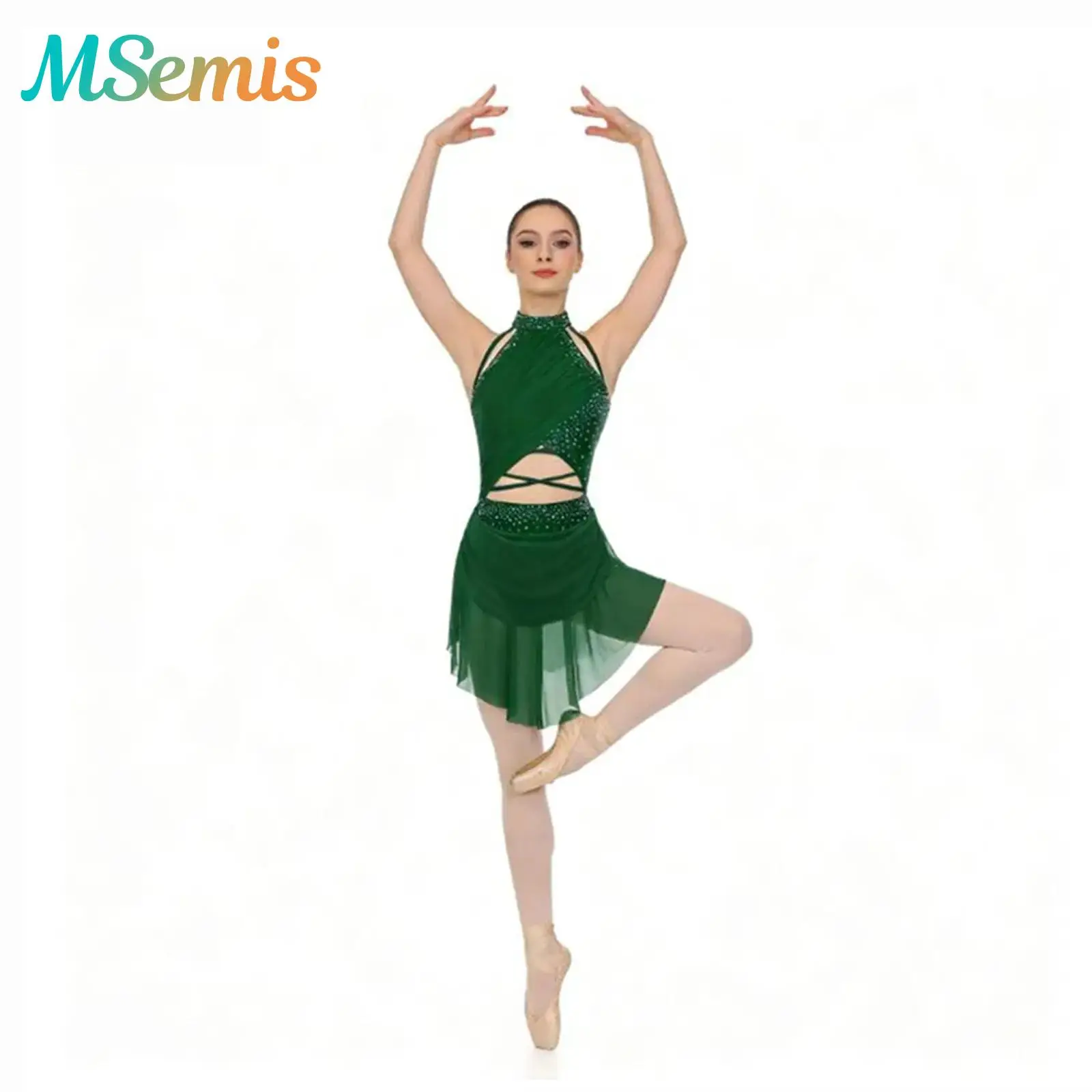 

Womens Glittery Rhinestone Ballet Leotard Dress Gymnastics Ballet Lyrical Dance Dress Sheer Mesh Overlay Performance Costume