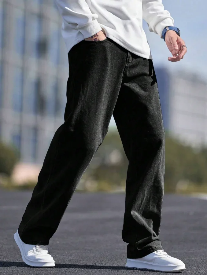 بنطال جينز رجالي فضفاض كاجوال بأرجل مستقيمة مع جيوب مائلة، مناسب لجميع المواسم ومصنوع من القماش الناعم #4