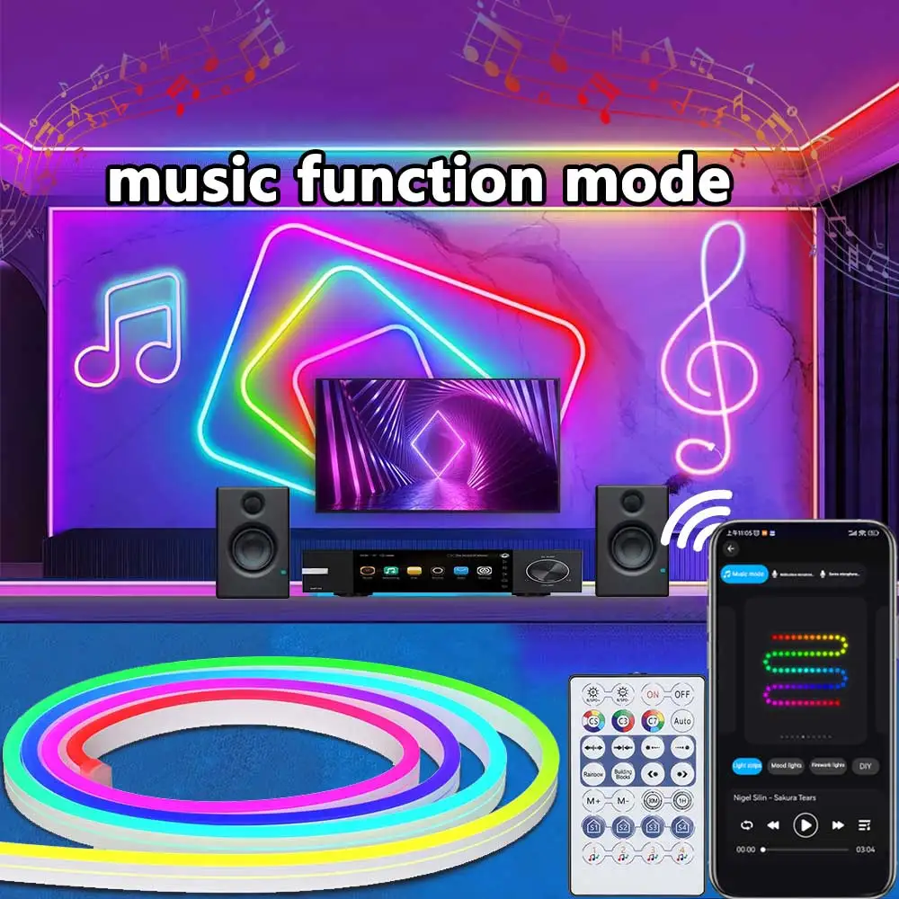 RGBIC Neon Strip Light Bluetooth USB 5V Neon Led Strip Lights 1M-5M IP65 RGBIC Flex Ribbon Led Tape for Room Wall Decor Music