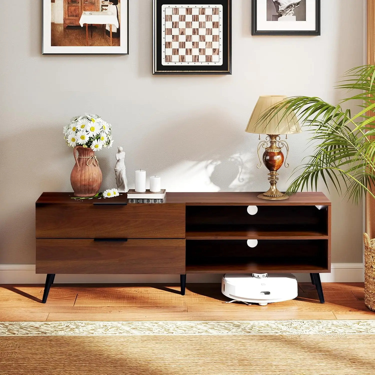 

Wood TV Stand for TVs up to 65", Mid Century TV Stand with Storage, Modern Entertainment Center with 2 Drawers, Accen