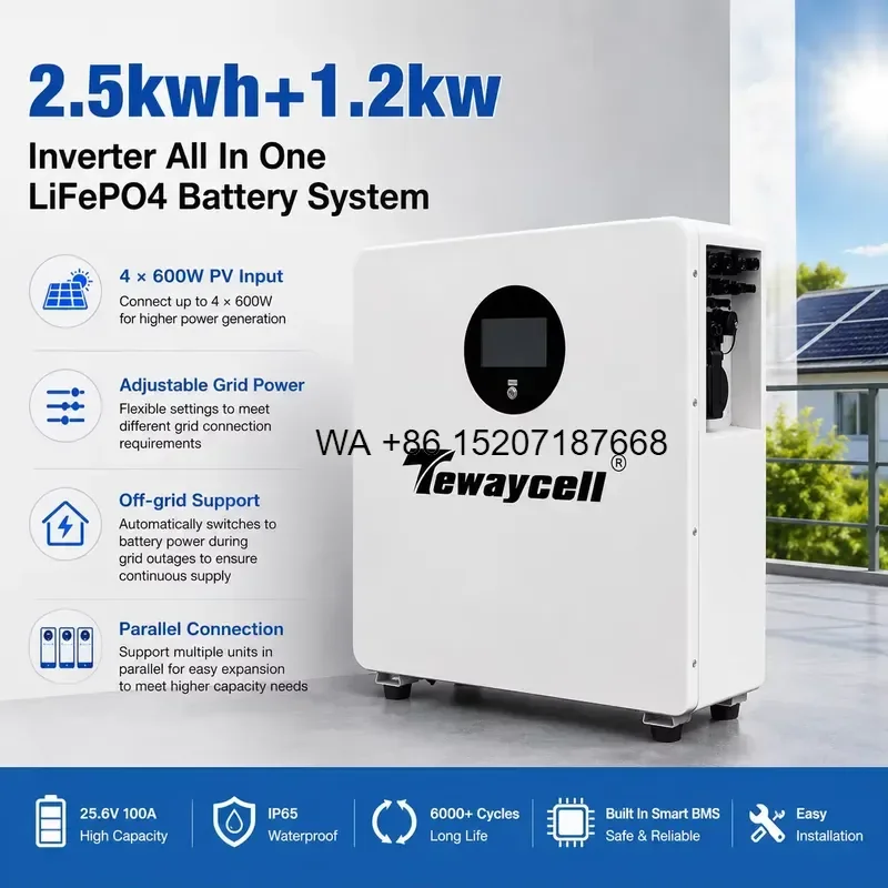 Wmwmnu 2.56kWh IP65 Balcony Solar Energy Storage System 1.2kW Inverter CAN Communication 25.6V 100A LiFePO4 Battery WiFi for