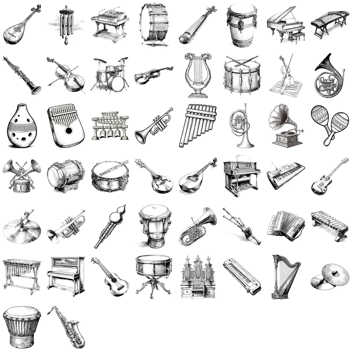 

50PCS Black and White Style Musical Instrument Sticker Transparent Cartoon Graffiti Decal Toy Creative DIY Water Cup Luggage