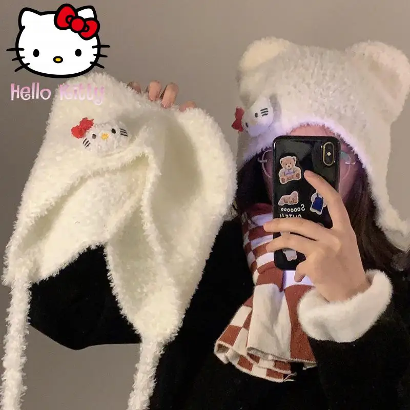 

Cute Sanrio Hello Kitty Hat Anime Plush Doll Autumn Winter Windproof Warm Simple Fashion Ear Protection Hat Photography Props