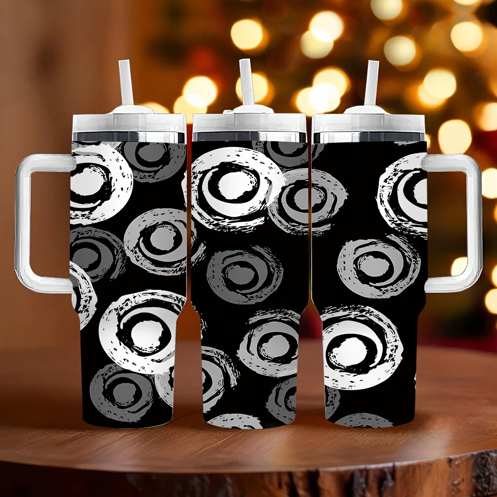 Abstract Brush Stroke Circle Pattern On Black Background Printed Portable Daily Travel Insulated Tumbler with Handle And Straw