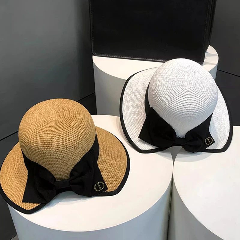 Summer Fashion Straw Hat Bowknot Wide Brim Floppy Panama Hats Female Lady Outdoor Convenient to carry Beach Sun Cap