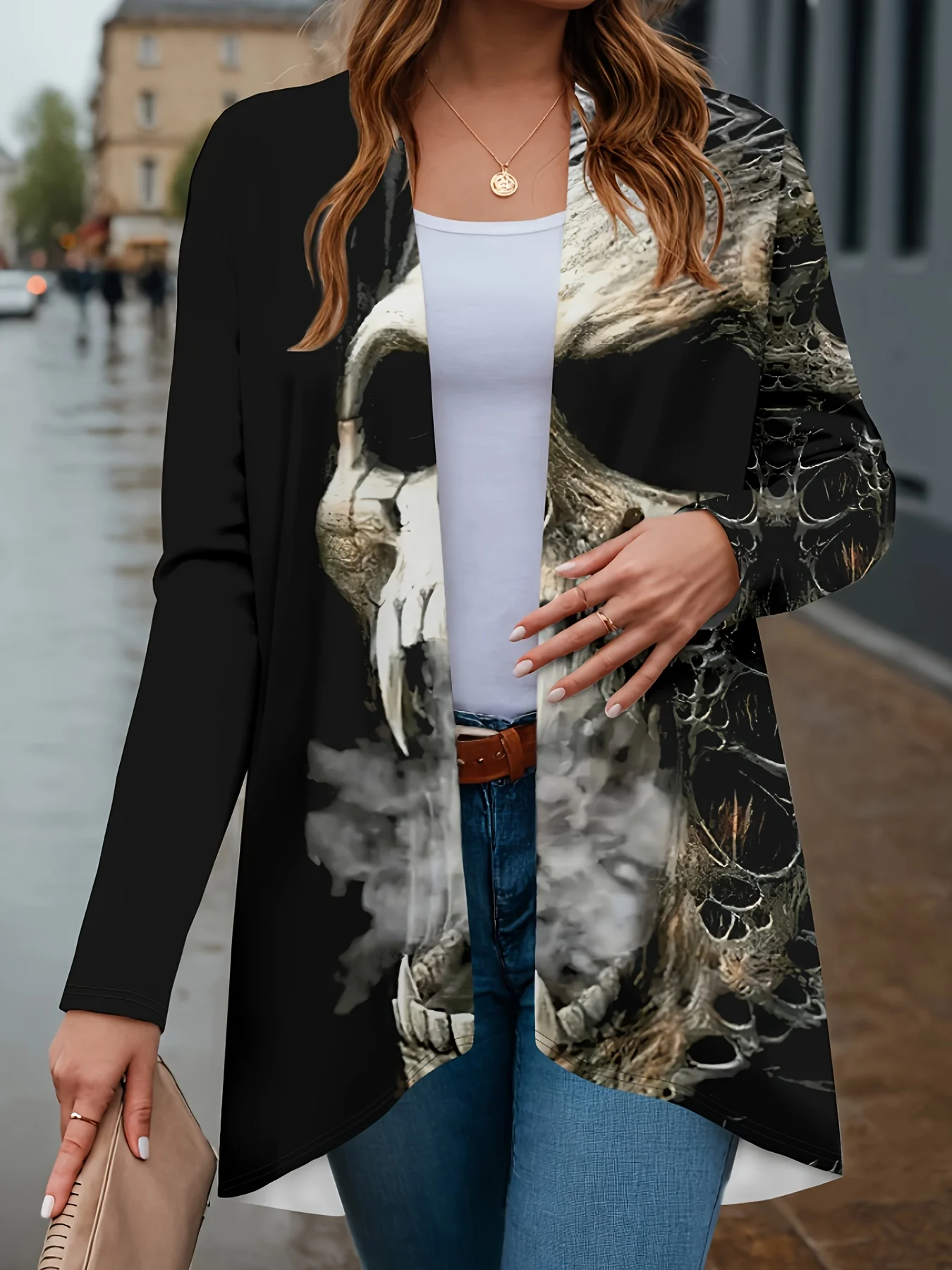 سترة نسائية عصرية بأكمام طويلة مطبوعة على شكل جمجمة رعب، بوليستر مفتوح من الأمام، غطاء خفيف الوزن، معطف كاجوال للربيع والخريف