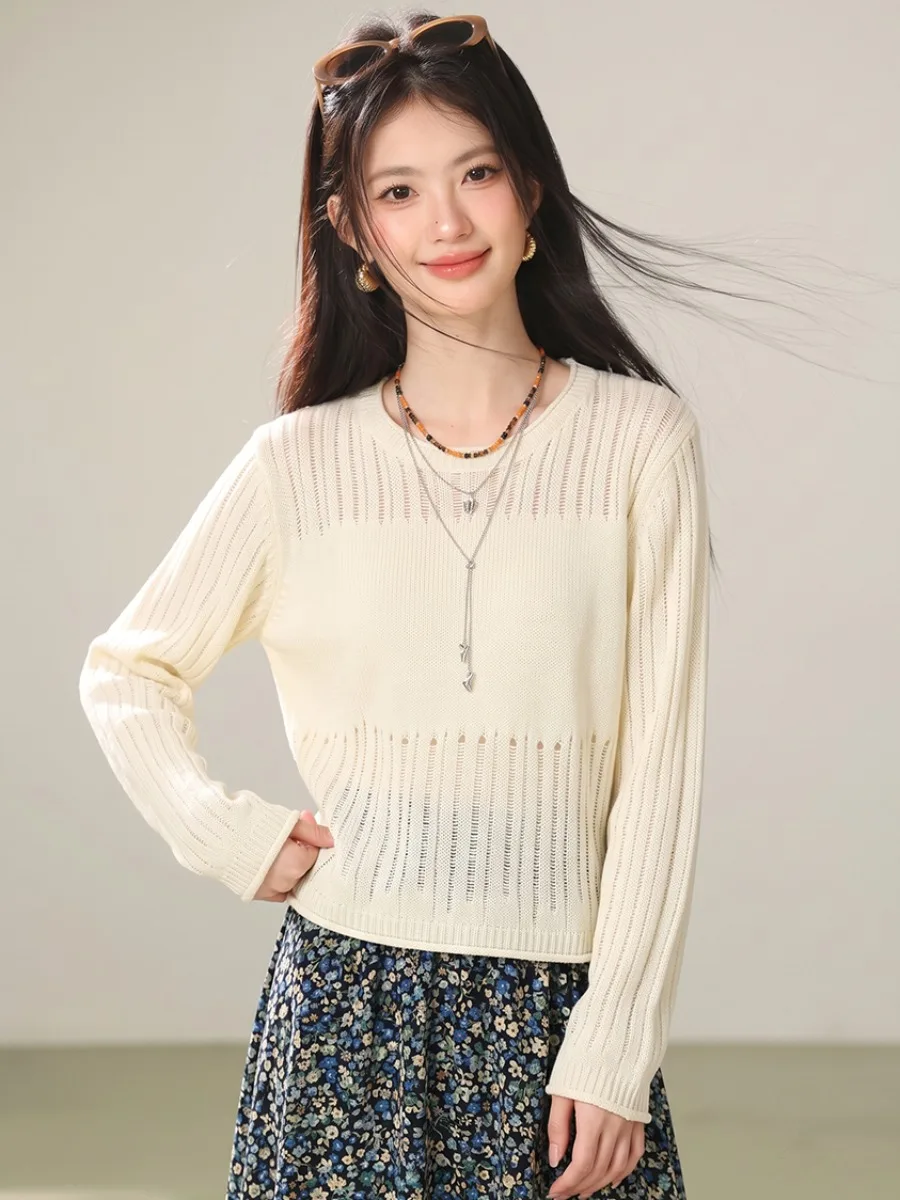 Soft round Neck Hollow Knitted Sweater Women's Slim Fit Short Thin Long Sleeve Base Layer Knitwear Beige Light Brown