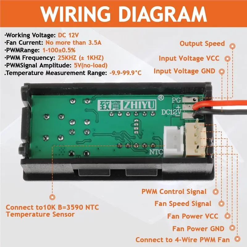 N34R-PWM 4-Wire Fan Speed Controller 12V 3A Temperature Control Module With Probe Digital Display Integrated Thermistor