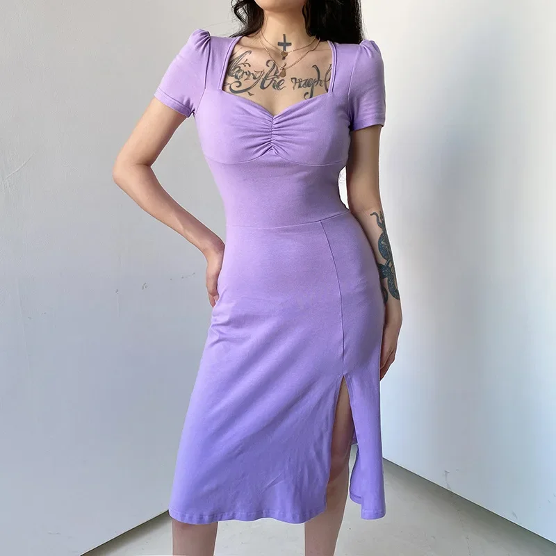 Summer Purple Black Sexy Split Square Neck Dress Women 2024 Summer New Korean High Waist Slim Body Fold Dress Woman Solid Dress