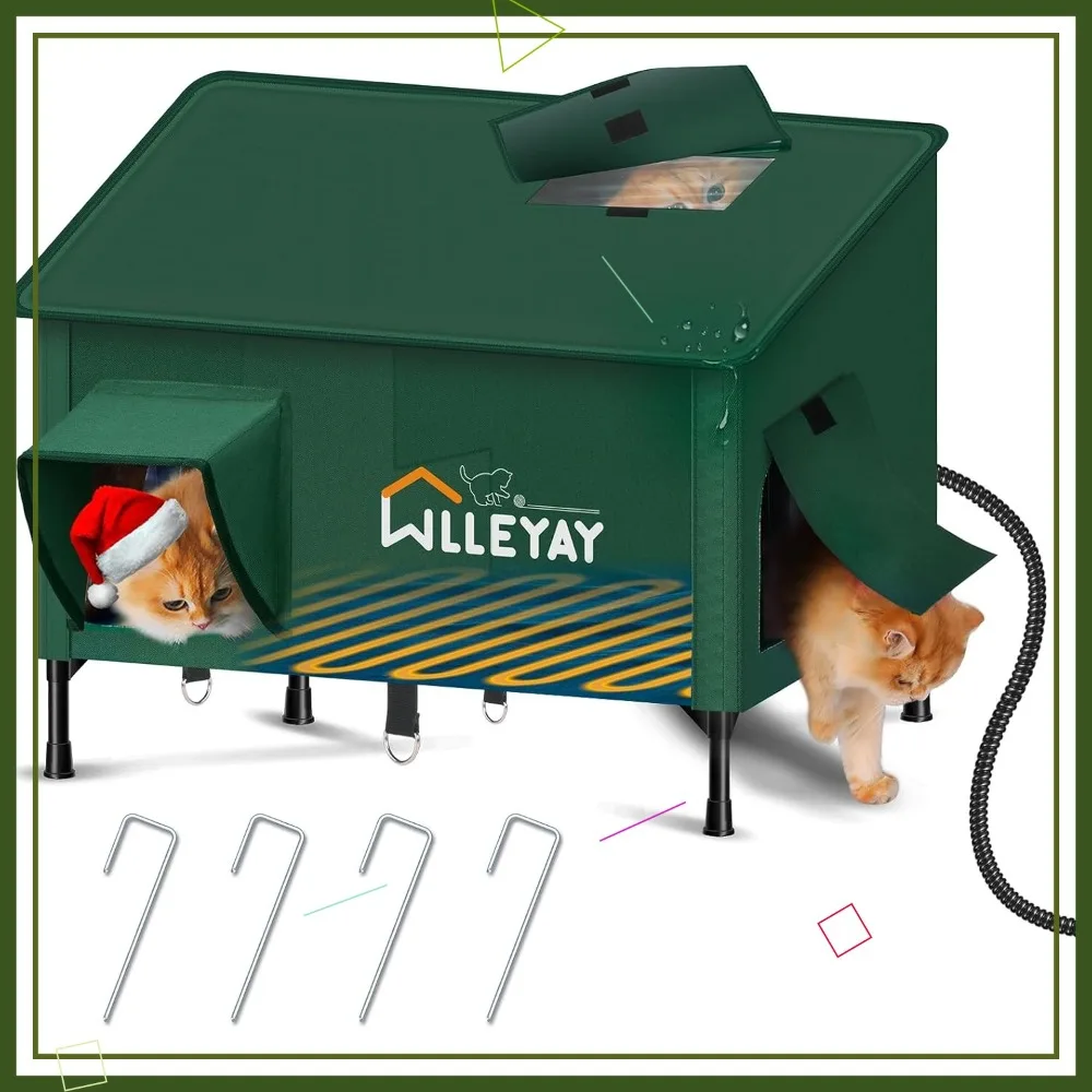 

Large Heated Cat House, Weatherproof Outdoor Shelter with Escape Door & Window