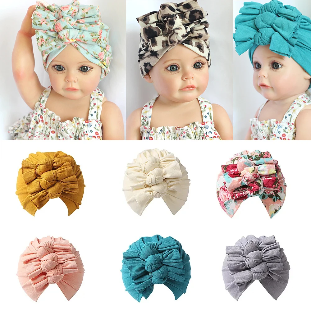 Boutique Three Bow Hat for Baby Girls Vintage Floral Printed Newborn Turban Hat Cotton Toddlers Headwrap Bebes Infant Bow Beanie