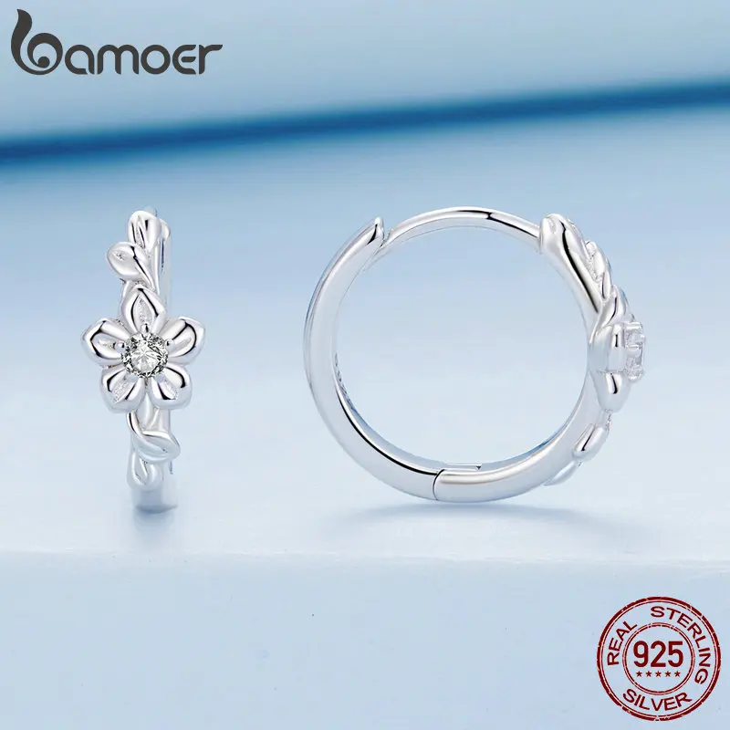 Bamoer 925 Sterling Silver Flower and Vine Ear Buckles Wreath Hoop Earrings for Women Sweet Zircon Fine Jewelry BSE767