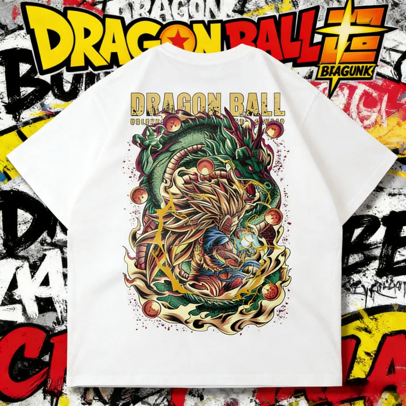 

2026 Summer Dragon Ball Shenron & Super Saiyan Goku Vintage Illustration 100% Cotton Back Oversized Unisex T-Shirt for DBZ Fans