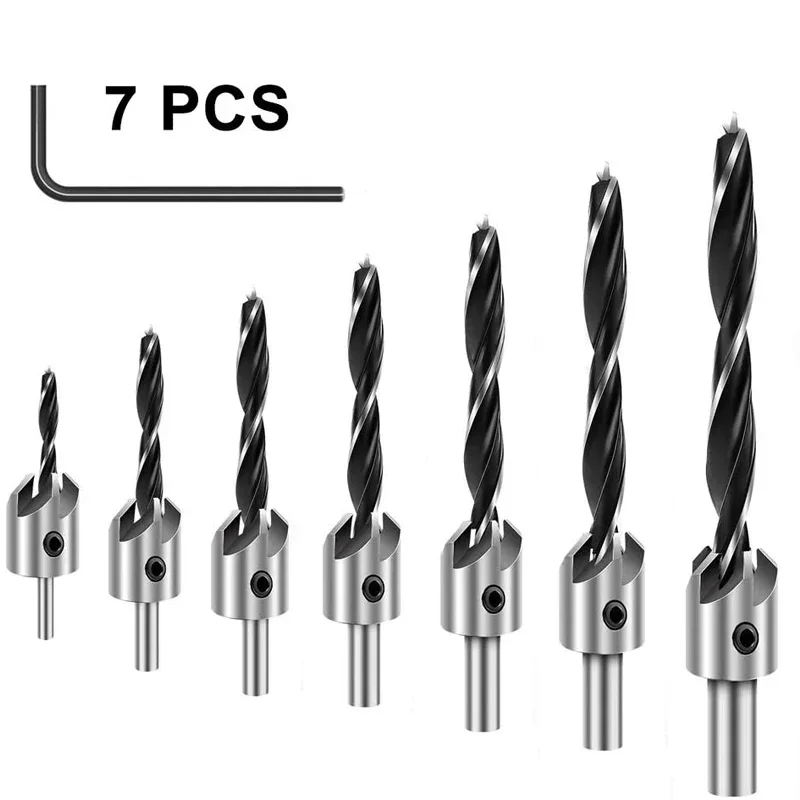 

7Pcs Countersink Drill Bit Set Screw Woodworking Drill Press Set Reamer Screw Woo Tool With 1 Free Hex Key Wrench