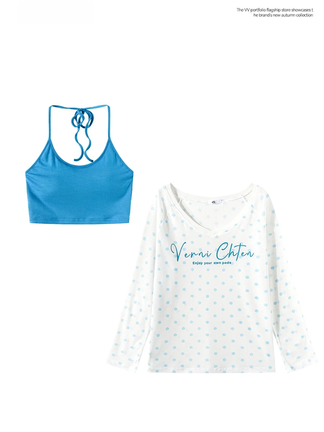 

Summer Fashion Blue Long Sleeve V-neck Polka Dot Letter Print Women's T-shirt And Vest Set Casual Lightweight Commute Style